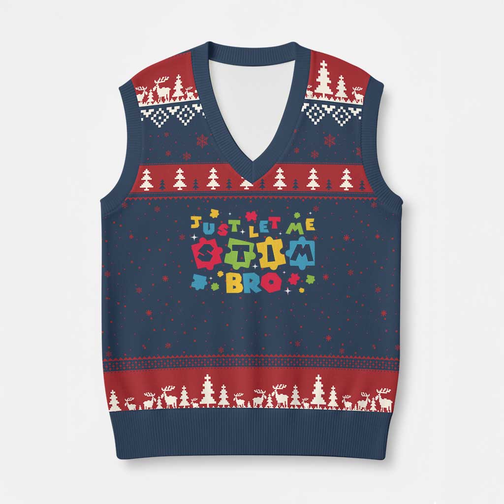 Funny Just Let Me Stim Bro V-Neck Knit Sweater Vest Autism Awareness Puzzle