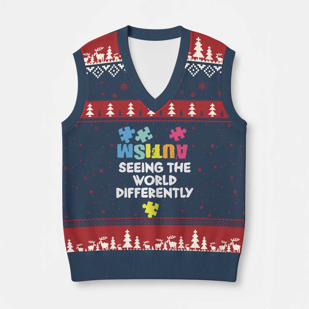Autism Seeing The World Differently V-Neck Knit Sweater Vest Autistic Autism Awareness Puzzle