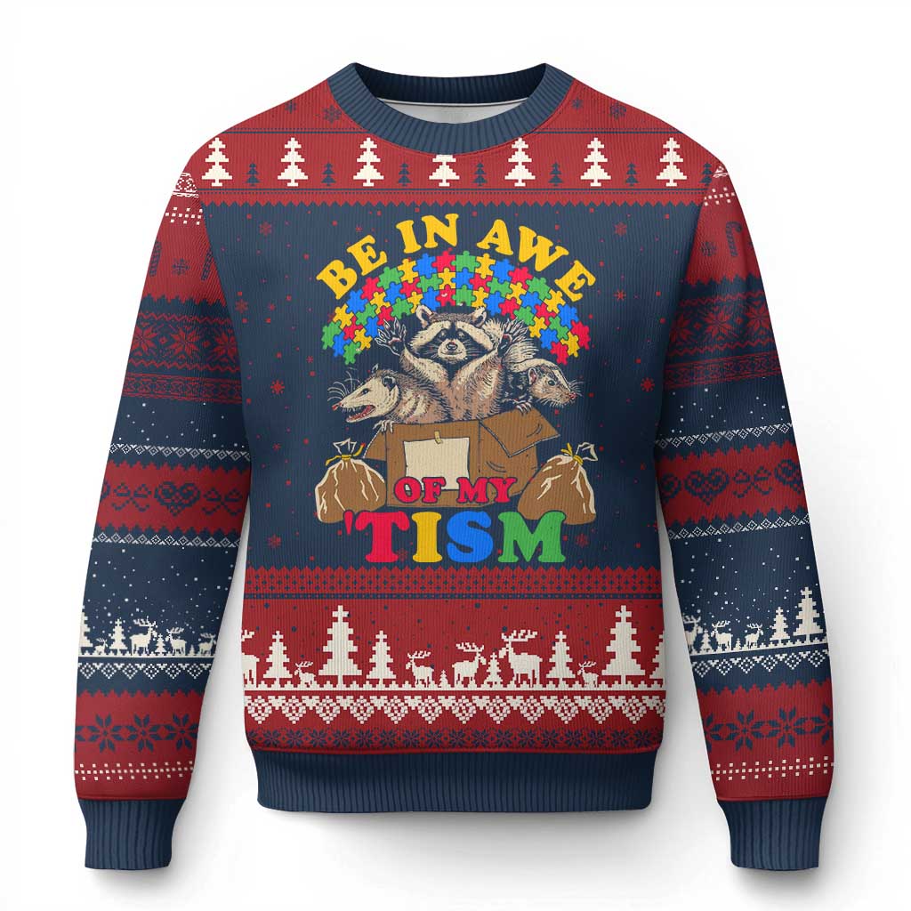 Funny Autism Awareness Ugly Christmas Sweater Be In Awe Of My 'Tism Autistic Raccoon Opossum Skunk