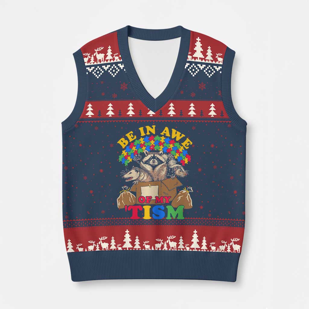 Funny Autism Awareness V-Neck Knit Sweater Vest Be In Awe Of My 'Tism Autistic Raccoon Opossum Skunk