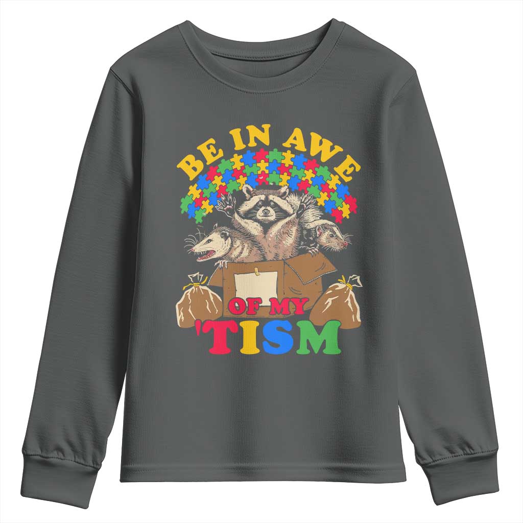 Funny Autism Awareness Youth Sweatshirt Be In Awe Of My 'Tism Autistic Raccoon Opossum Skunk