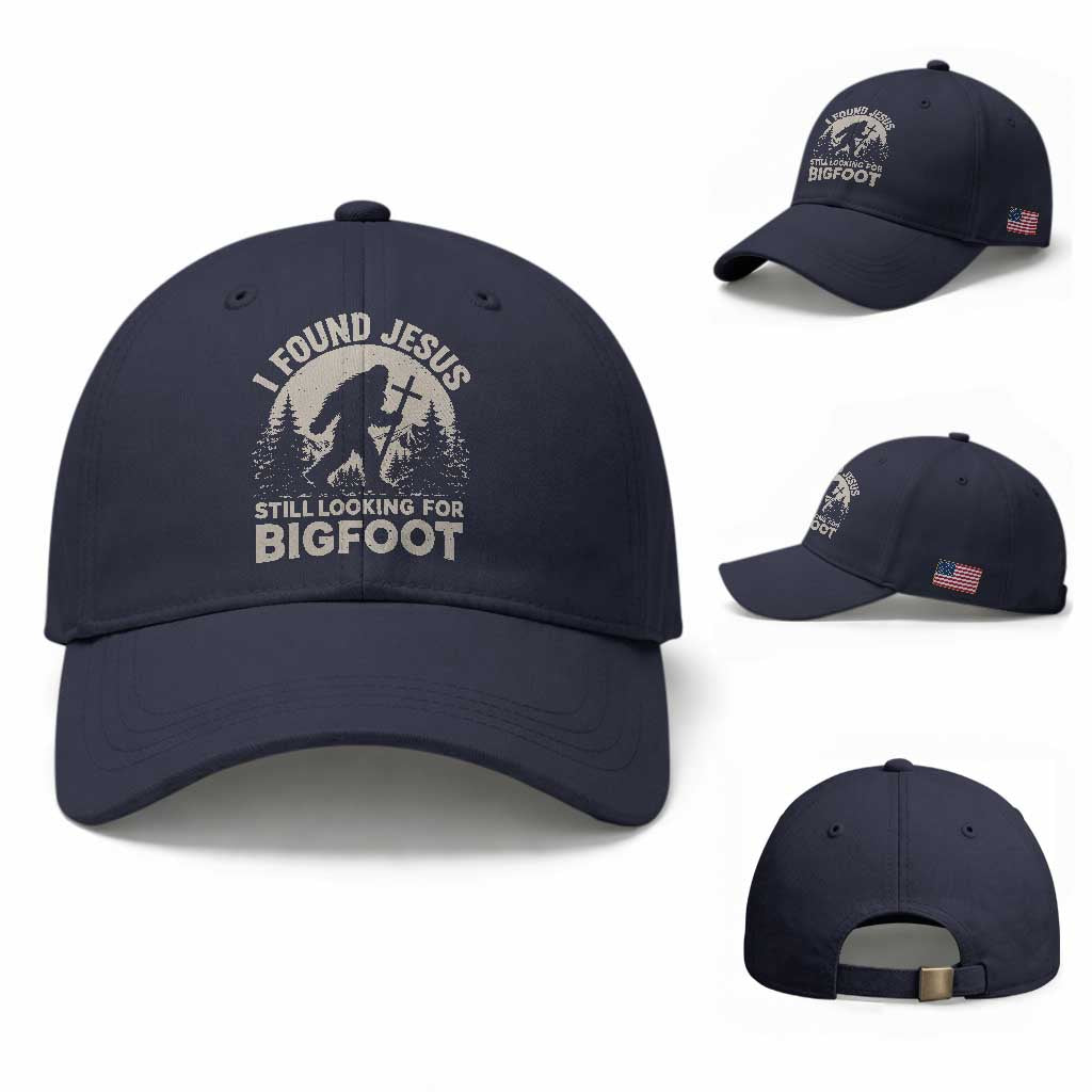 I Found Jesus Still Looking For Bigfoot Baseball Cap Funny Christian Sasquatch Forest