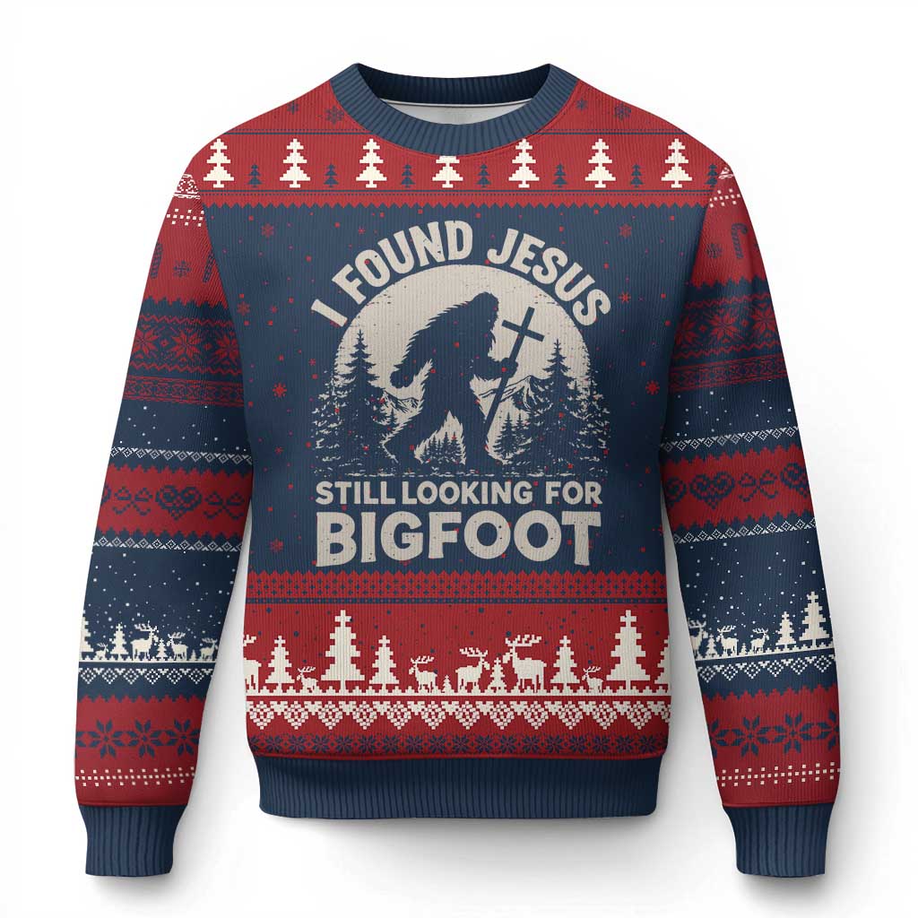 I Found Jesus Still Looking For Bigfoot Ugly Christmas Sweater Funny Christian Sasquatch Forest