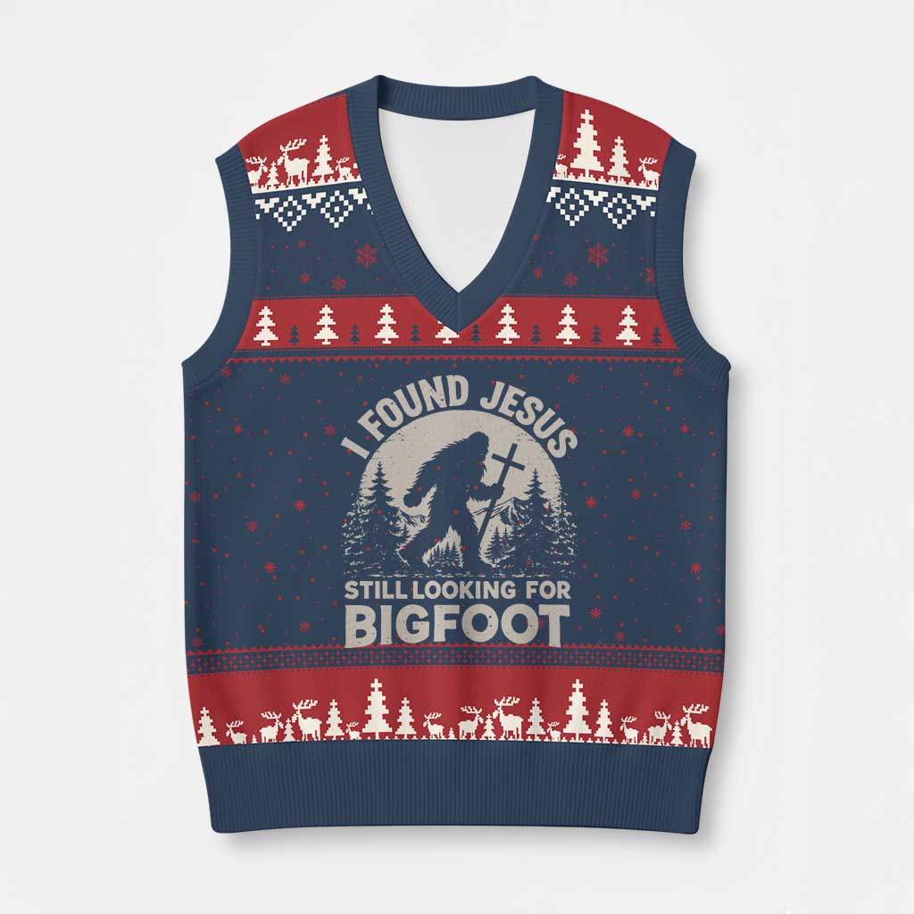 I Found Jesus Still Looking For Bigfoot V-Neck Knit Sweater Vest Funny Christian Sasquatch Forest
