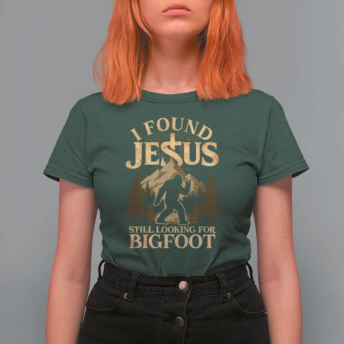 I Found Jesus Still Looking For Bigfoot T Shirt For Women Funny Christian Sasquatch Vintage Mountain