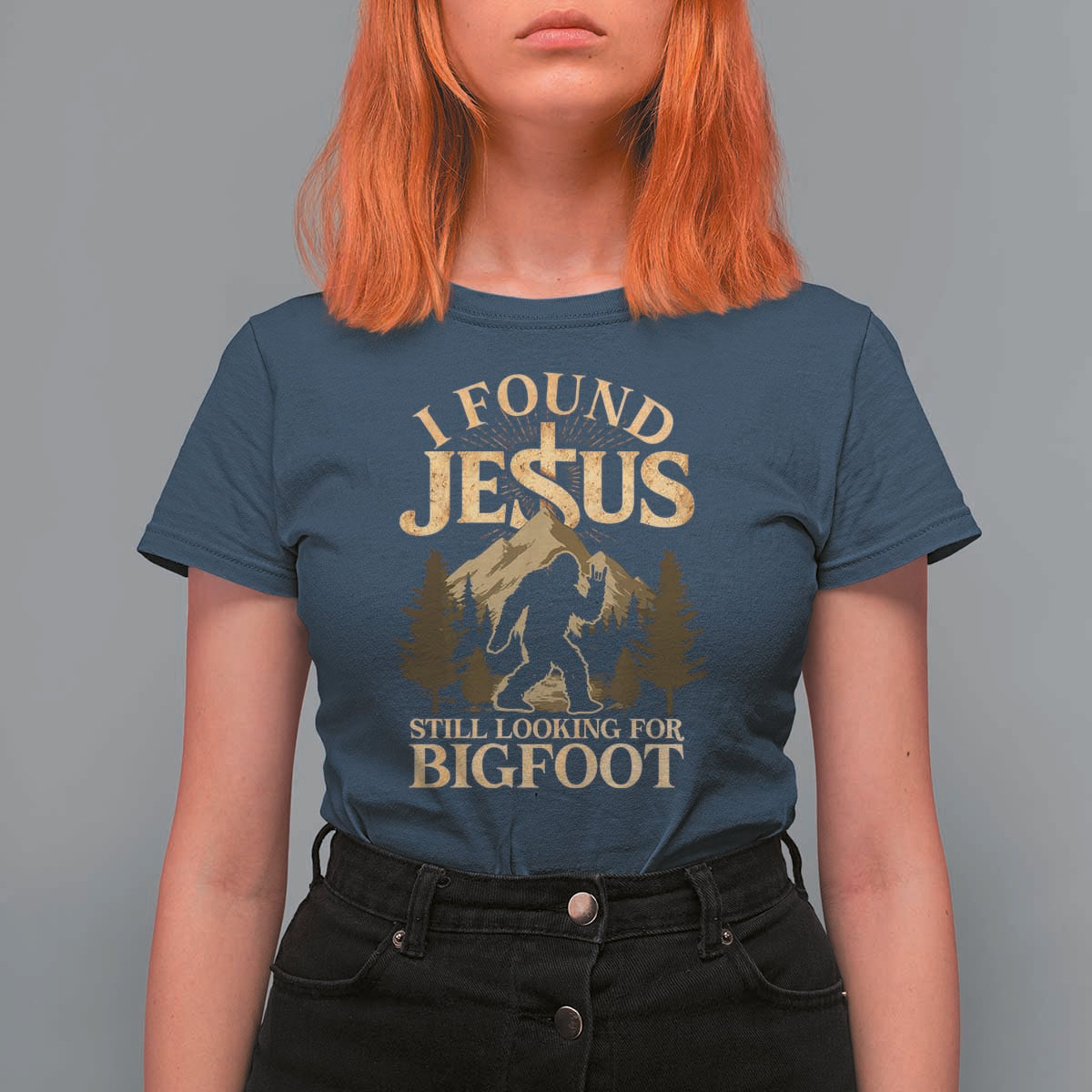 I Found Jesus Still Looking For Bigfoot T Shirt For Women Funny Christian Sasquatch Vintage Mountain