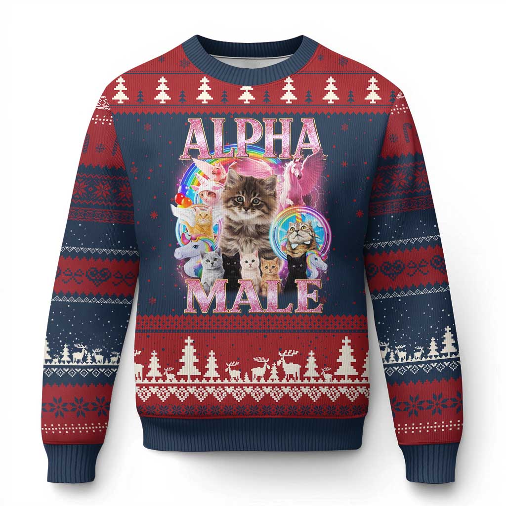 Alpha Male Cat Ugly Christmas Sweater Funny Rainbow Kitten Meme Bootleg