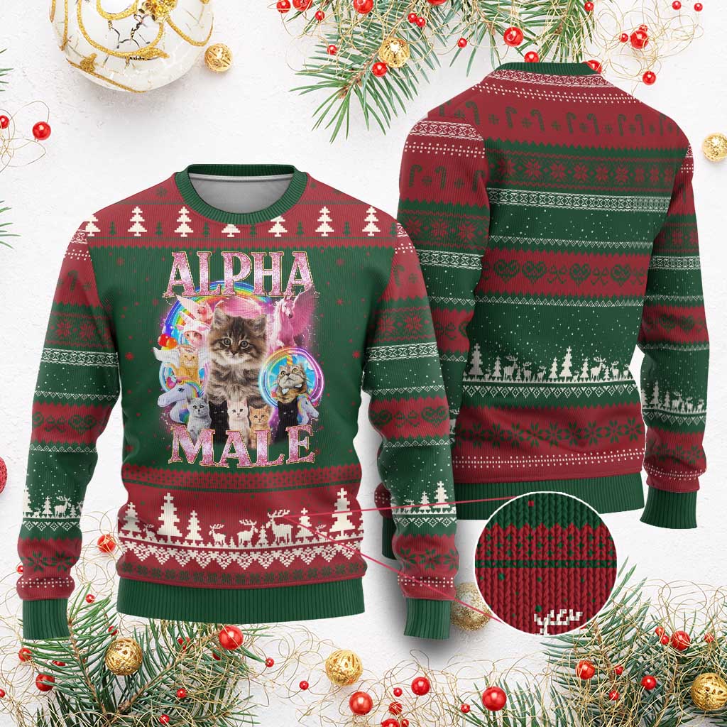 Alpha Male Cat Ugly Christmas Sweater Funny Rainbow Kitten Meme Bootleg