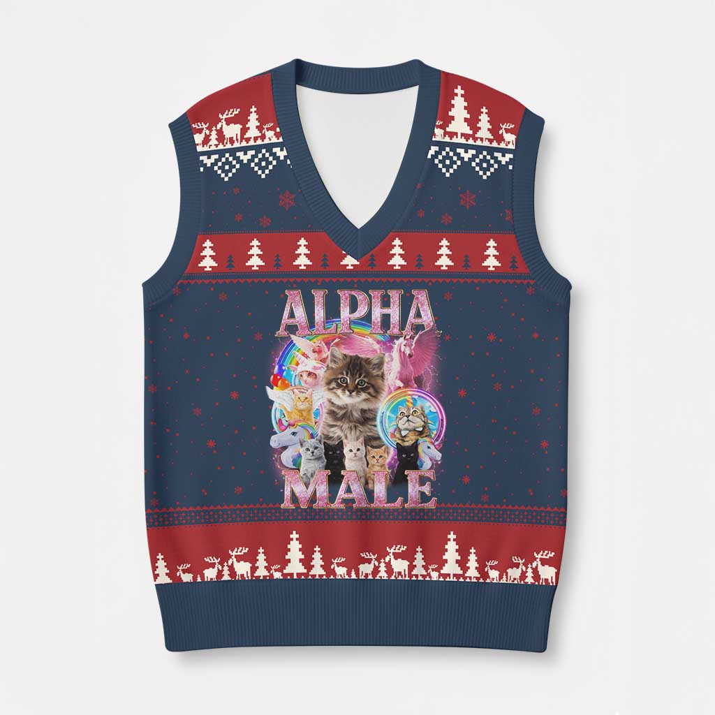 Alpha Male Cat V-Neck Knit Sweater Vest Funny Rainbow Kitten Meme Bootleg