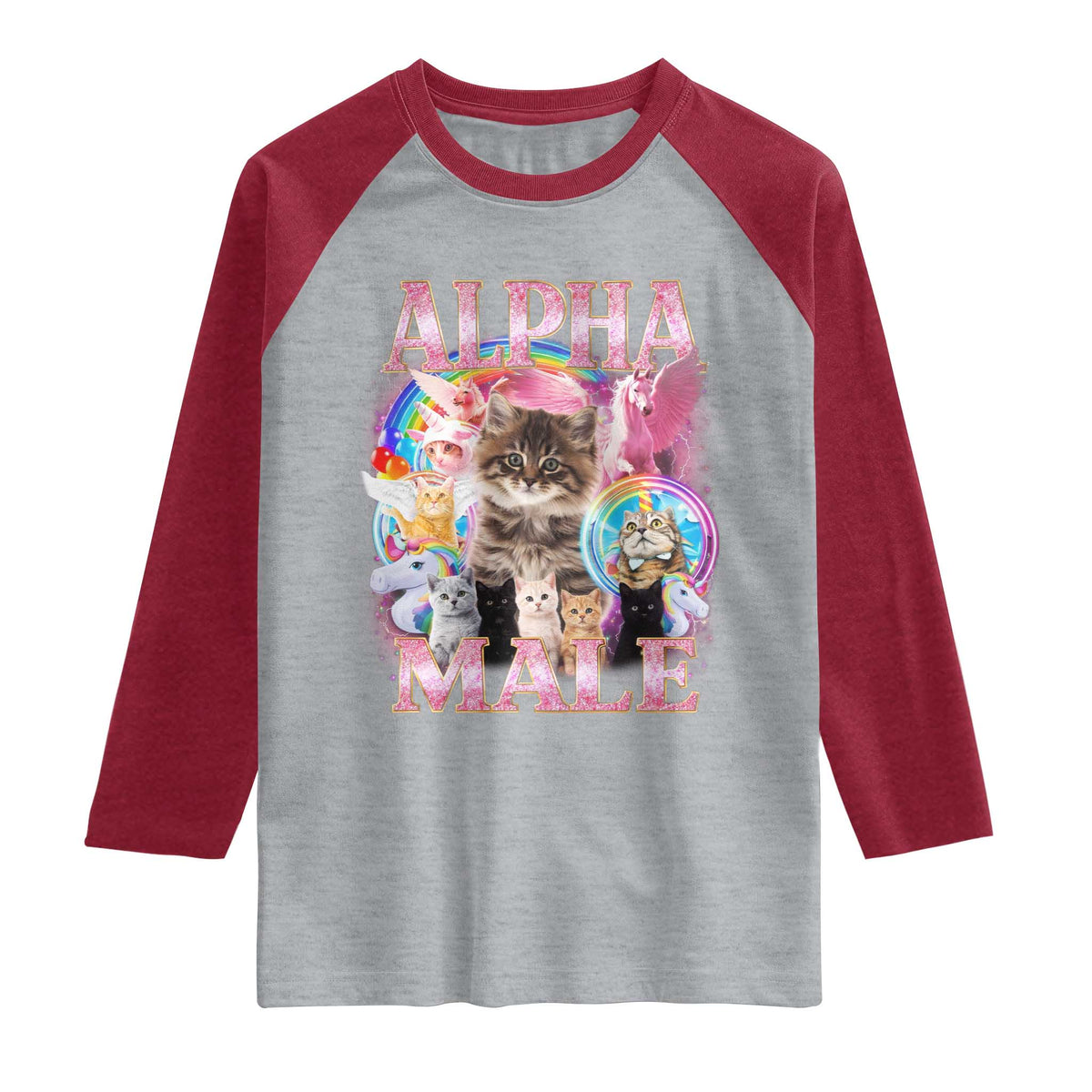 Alpha Male Cat Raglan Shirt Funny Rainbow Kitten Meme Bootleg