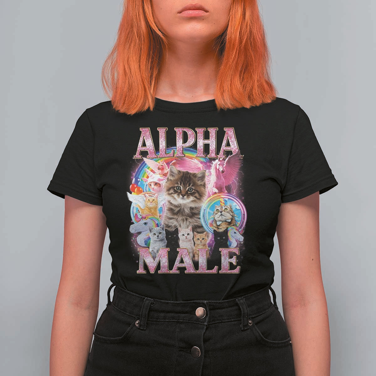 Alpha Male Cat T Shirt For Women Funny Rainbow Kitten Meme Bootleg