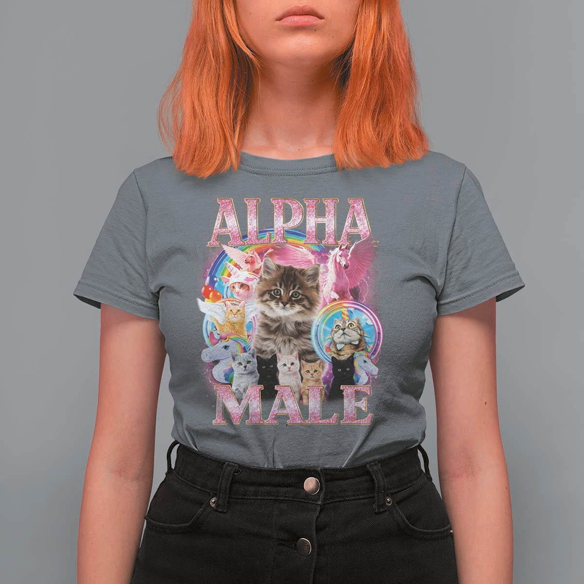Alpha Male Cat T Shirt For Women Funny Rainbow Kitten Meme Bootleg