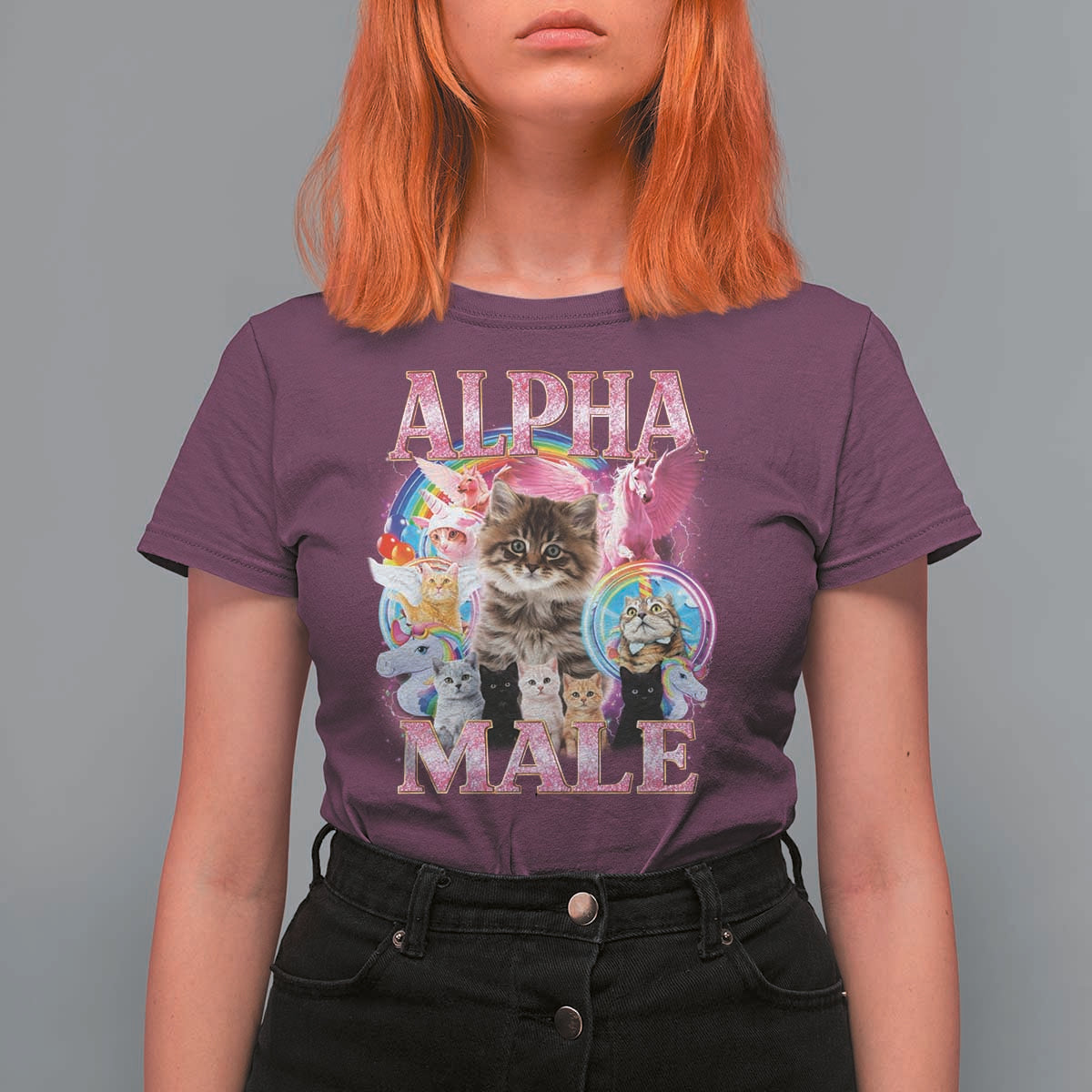 Alpha Male Cat T Shirt For Women Funny Rainbow Kitten Meme Bootleg