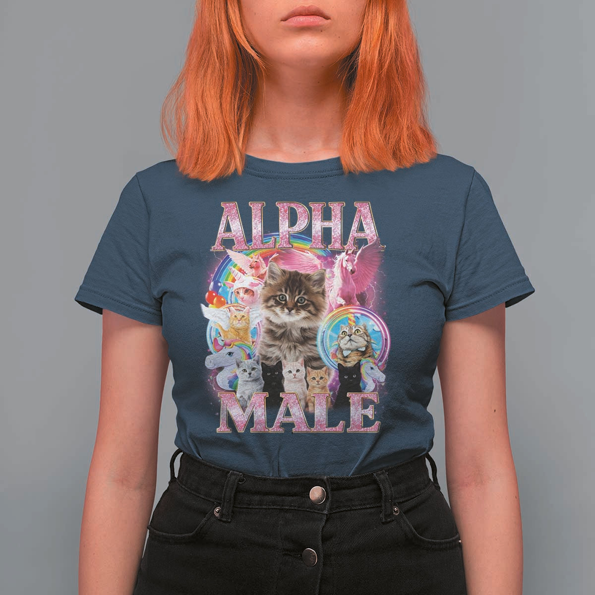 Alpha Male Cat T Shirt For Women Funny Rainbow Kitten Meme Bootleg