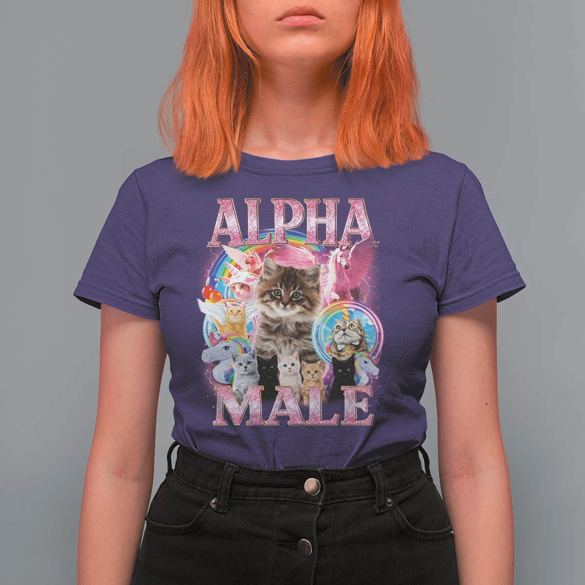 Alpha Male Cat T Shirt For Women Funny Rainbow Kitten Meme Bootleg