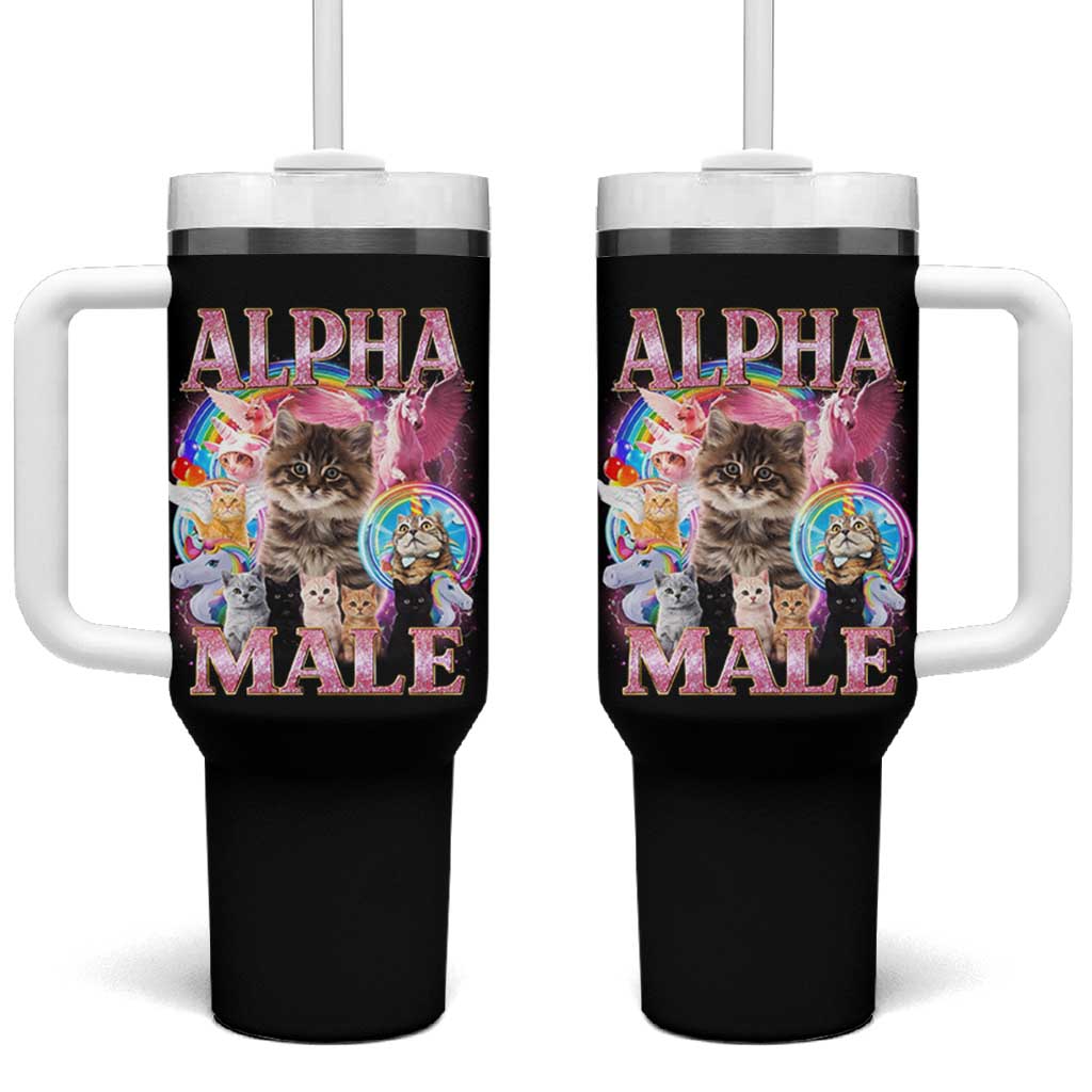 Alpha Male Cat Tumbler With Handle Funny Rainbow Kitten Meme Bootleg