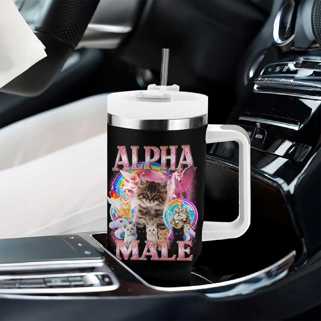 Alpha Male Cat Tumbler With Handle Funny Rainbow Kitten Meme Bootleg