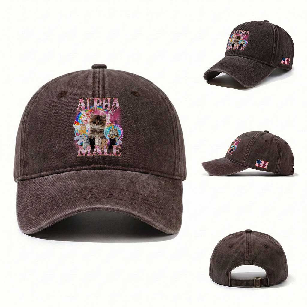 Alpha Male Cat Washed Cotton Baseball Cap Funny Rainbow Kitten Meme Bootleg