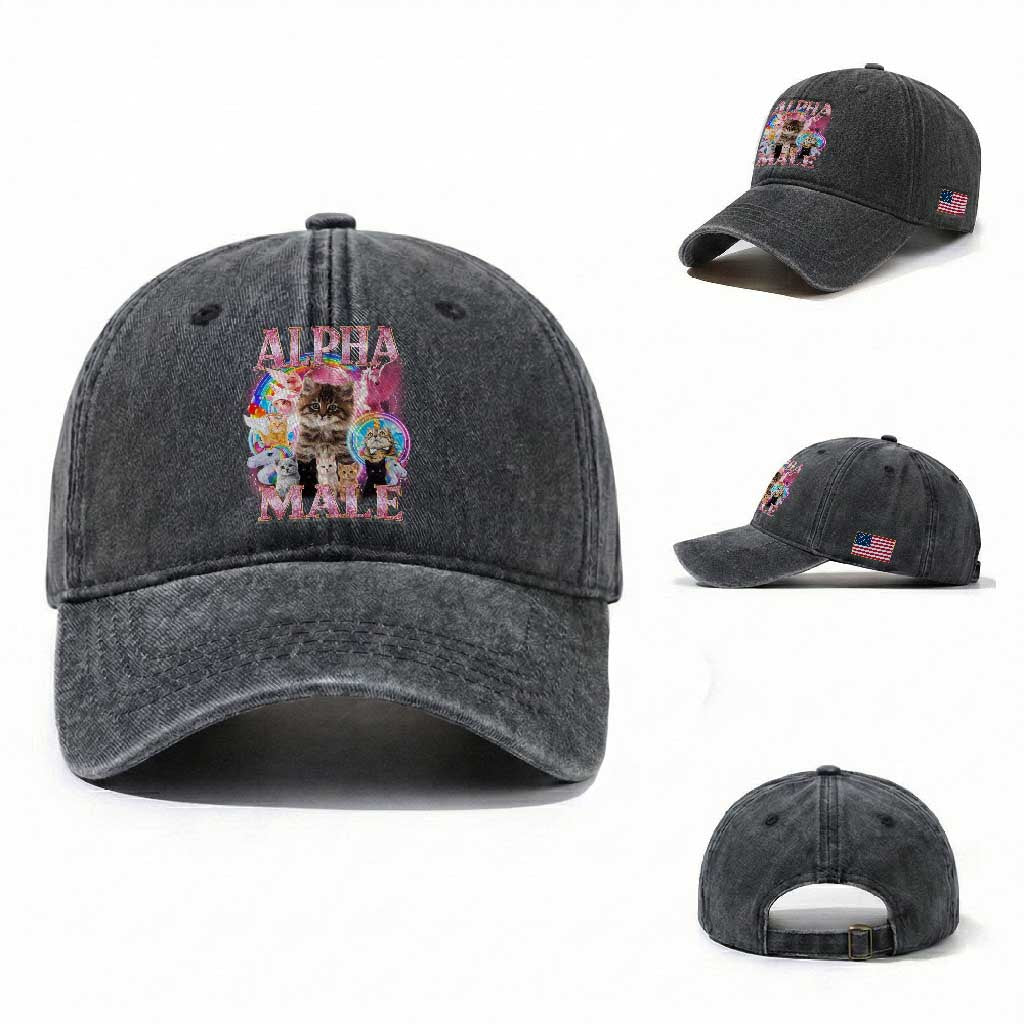 Alpha Male Cat Washed Cotton Baseball Cap Funny Rainbow Kitten Meme Bootleg