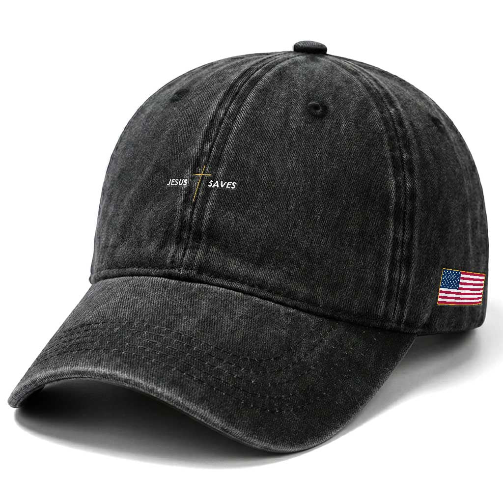 Jesus Saves Washed Cotton Baseball Cap Cross Subtle Christian Minimal Religious Faith