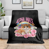 Alpha Male Funny Cat Throw Blanket Vintage 90s Kitten Rainbow Floral Butterflies