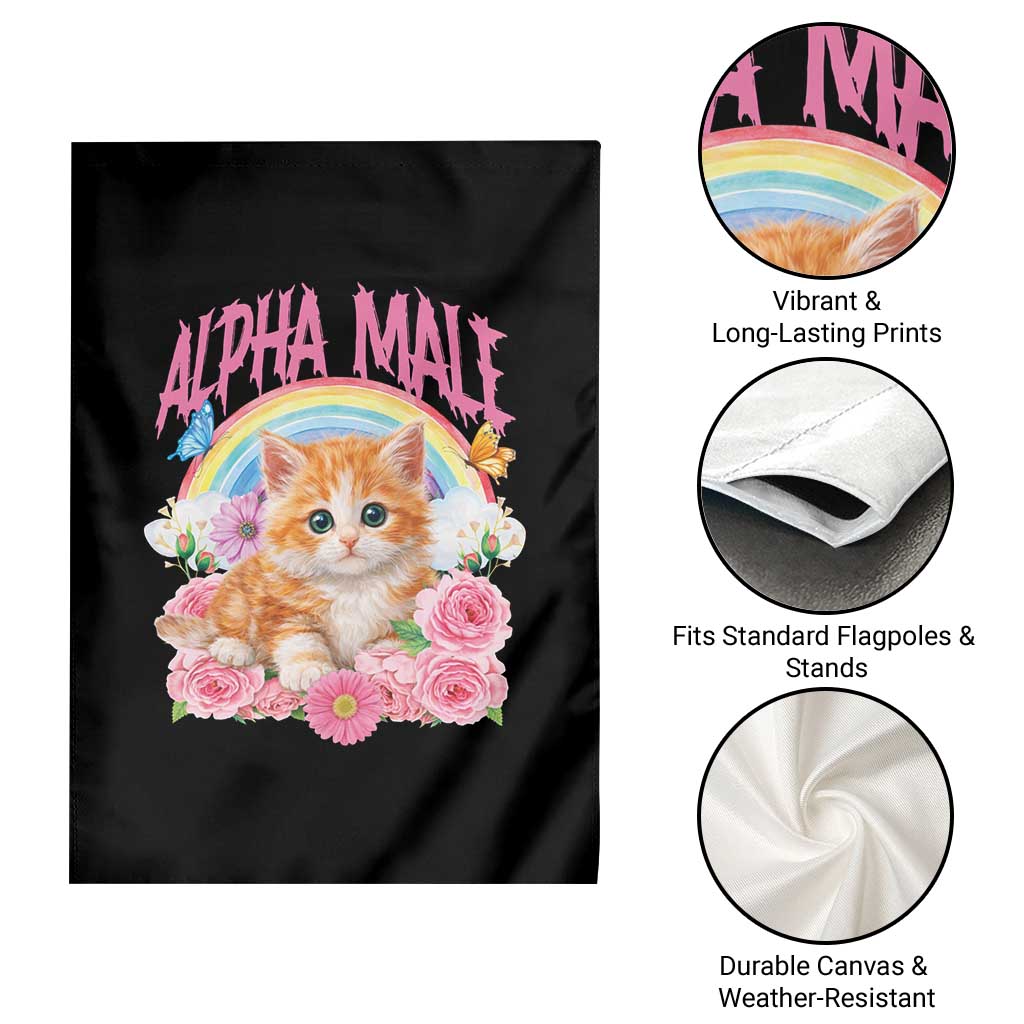 Alpha Male Funny Cat Garden Flag Vintage 90s Kitten Rainbow Floral Butterflies