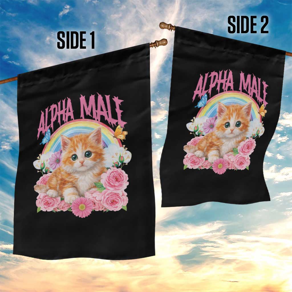 Alpha Male Funny Cat Garden Flag Vintage 90s Kitten Rainbow Floral Butterflies