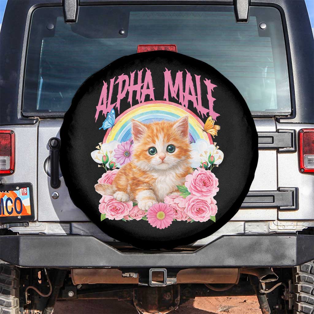 Alpha Male Funny Cat Spare Tire Cover Vintage 90s Kitten Rainbow Floral Butterflies