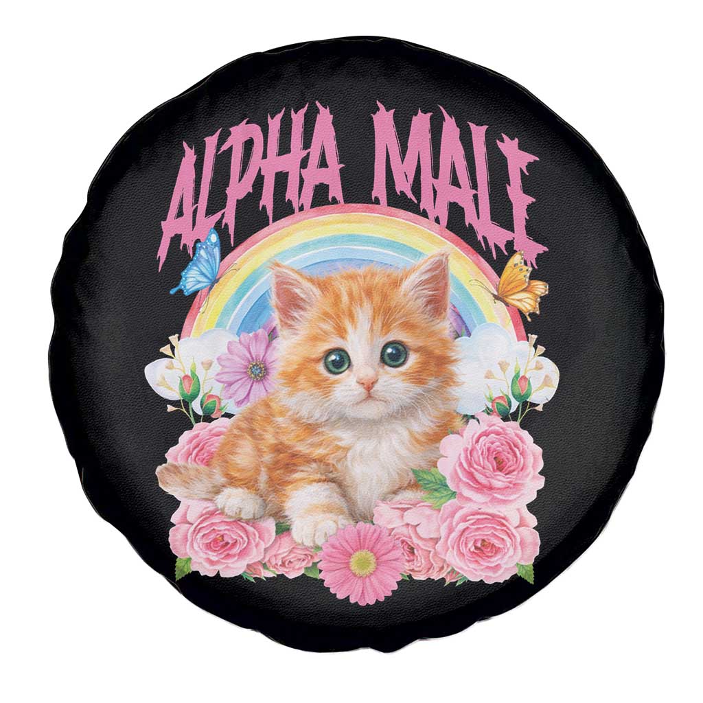 Alpha Male Funny Cat Spare Tire Cover Vintage 90s Kitten Rainbow Floral Butterflies