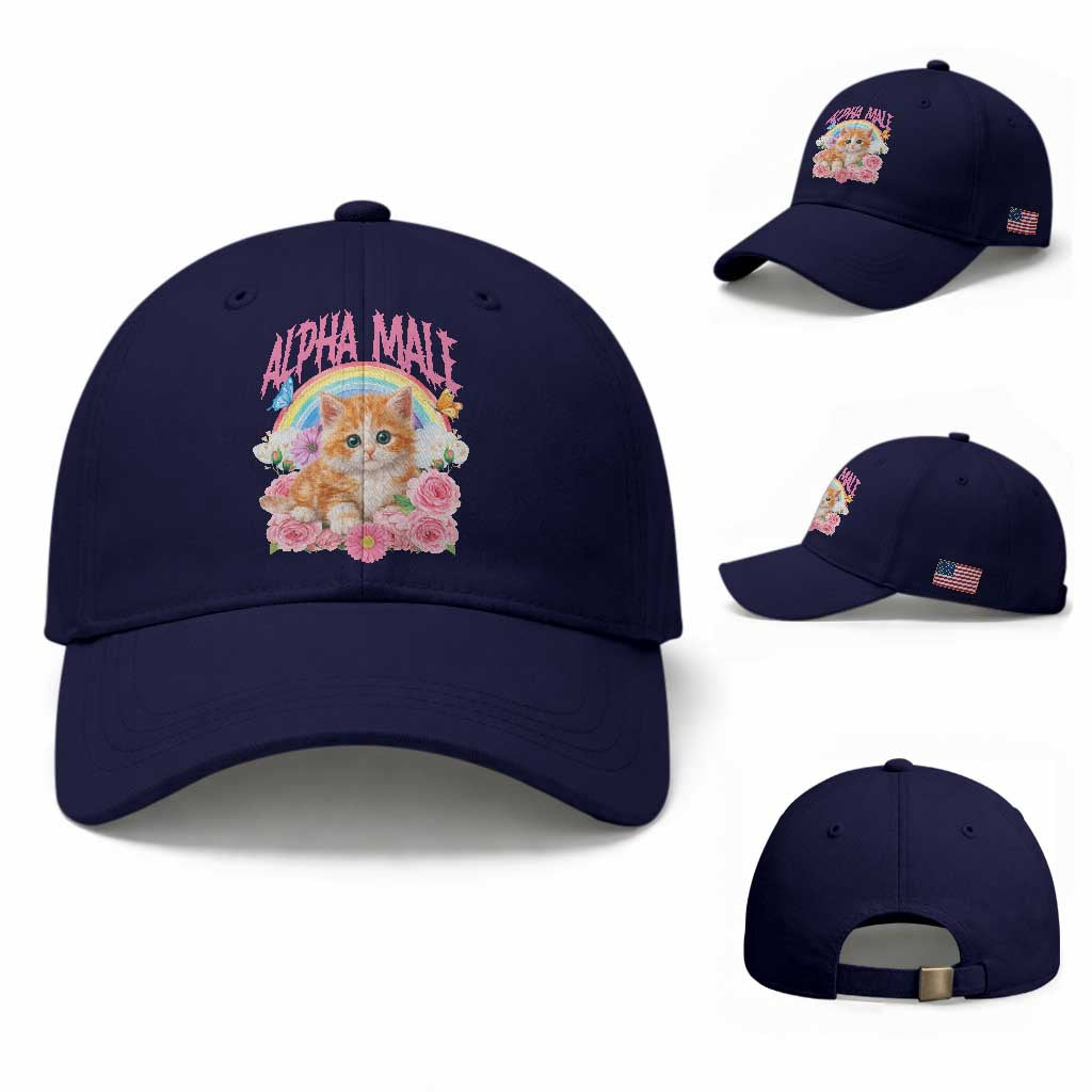 Alpha Male Funny Cat Baseball Cap Vintage 90s Kitten Rainbow Floral Butterflies