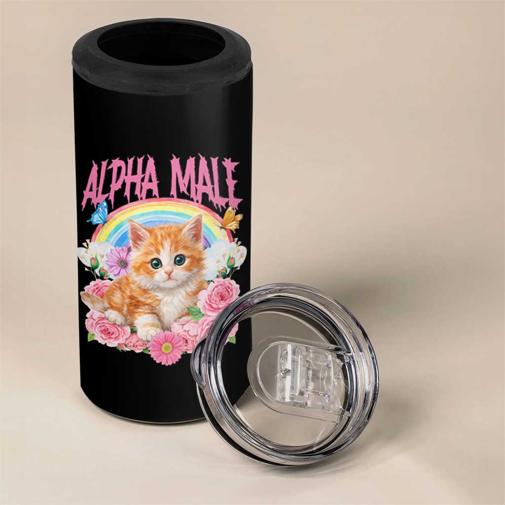 Alpha Male Funny Cat 4 in 1 Can Cooler Tumbler Vintage 90s Kitten Rainbow Floral Butterflies