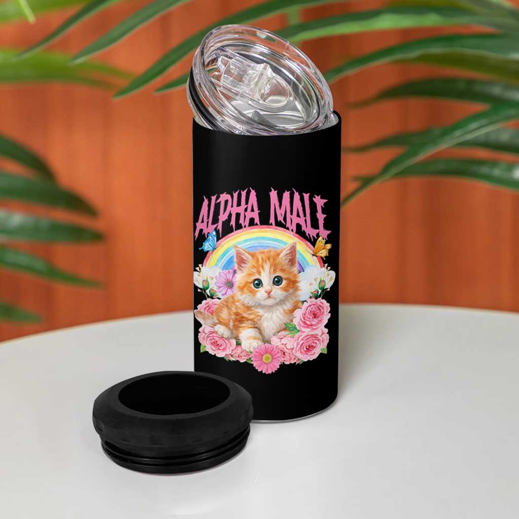 Alpha Male Funny Cat 4 in 1 Can Cooler Tumbler Vintage 90s Kitten Rainbow Floral Butterflies