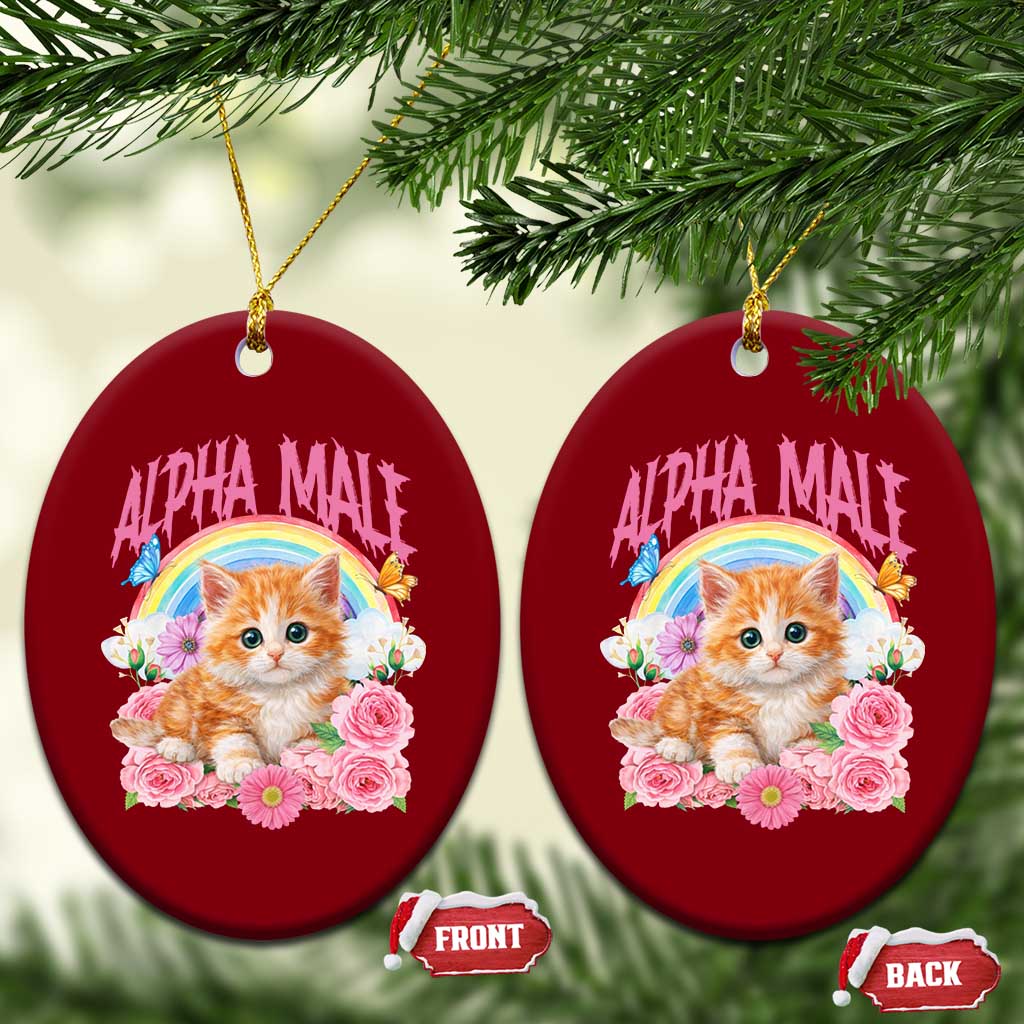 Alpha Male Funny Cat Ceramic Ornament Vintage 90s Kitten Rainbow Floral Butterflies