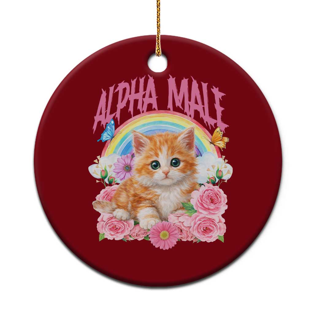 Alpha Male Funny Cat Ceramic Ornament Vintage 90s Kitten Rainbow Floral Butterflies