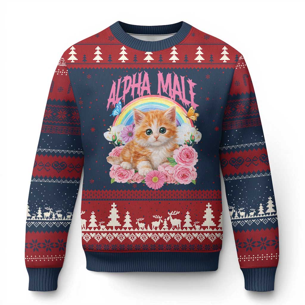 Alpha Male Funny Cat Ugly Christmas Sweater Vintage 90s Kitten Rainbow Floral Butterflies