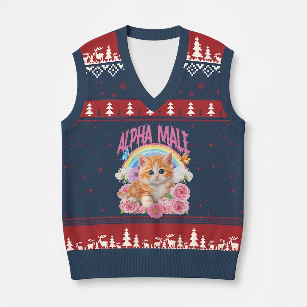 Alpha Male Funny Cat V-Neck Knit Sweater Vest Vintage 90s Kitten Rainbow Floral Butterflies