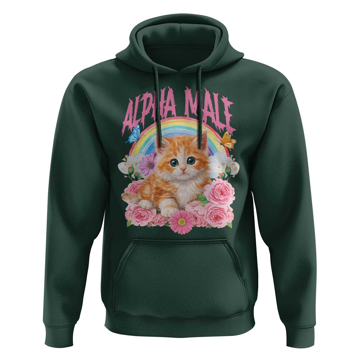 Alpha Male Funny Cat Hoodie Vintage 90s Kitten Rainbow Floral Butterflies