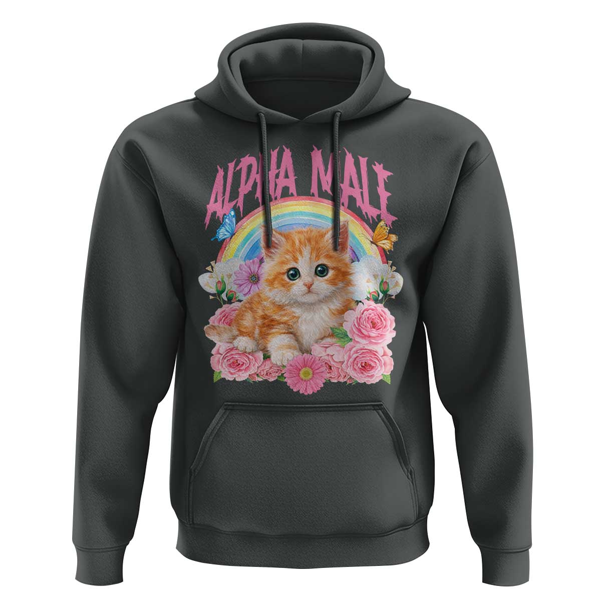 Alpha Male Funny Cat Hoodie Vintage 90s Kitten Rainbow Floral Butterflies
