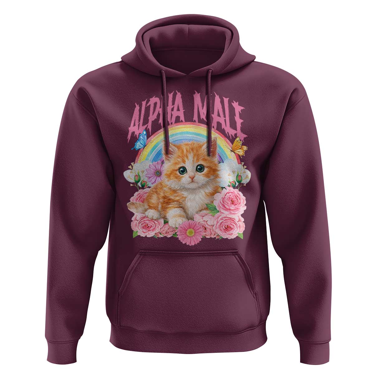 Alpha Male Funny Cat Hoodie Vintage 90s Kitten Rainbow Floral Butterflies