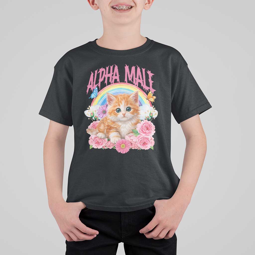 Alpha Male Funny Cat T Shirt For Kid Vintage 90s Kitten Rainbow Floral Butterflies