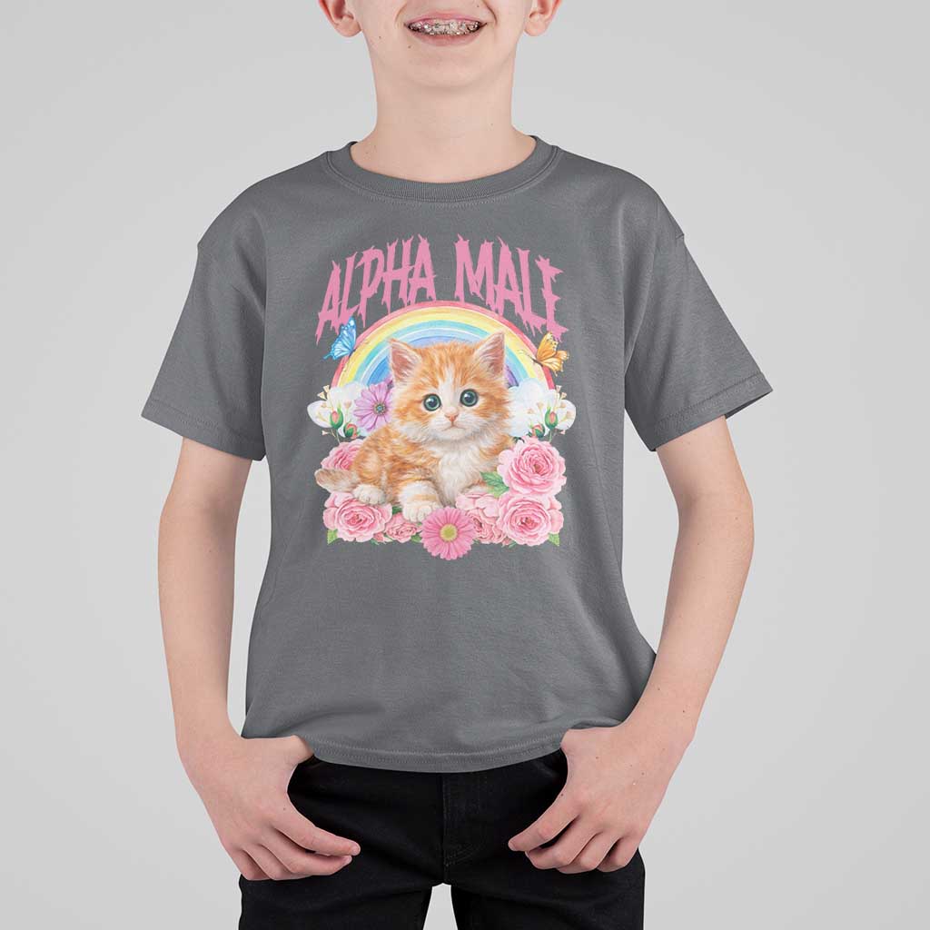 Alpha Male Funny Cat T Shirt For Kid Vintage 90s Kitten Rainbow Floral Butterflies
