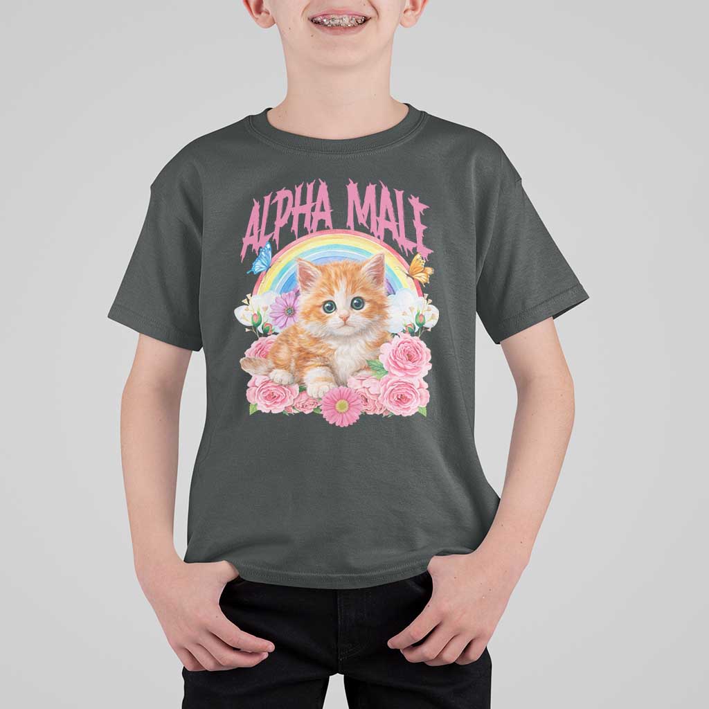Alpha Male Funny Cat T Shirt For Kid Vintage 90s Kitten Rainbow Floral Butterflies
