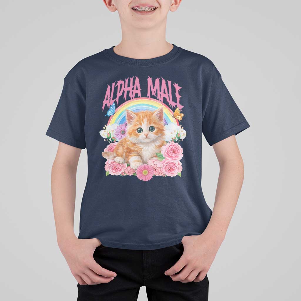 Alpha Male Funny Cat T Shirt For Kid Vintage 90s Kitten Rainbow Floral Butterflies