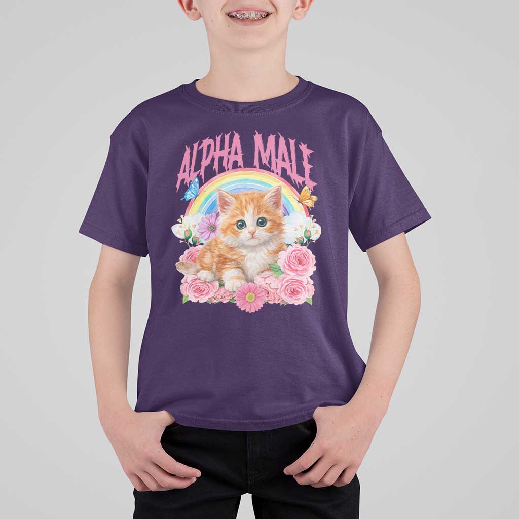 Alpha Male Funny Cat T Shirt For Kid Vintage 90s Kitten Rainbow Floral Butterflies