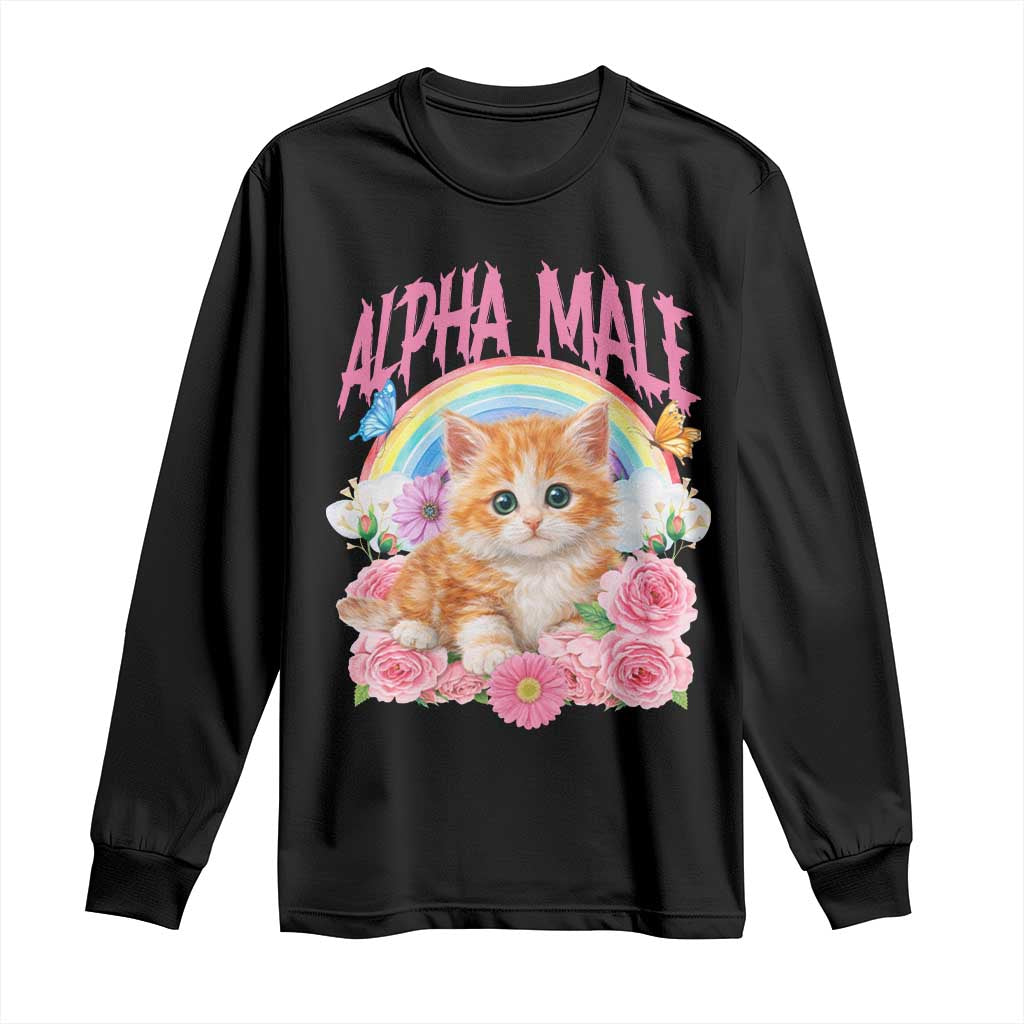 Alpha Male Funny Cat Long Sleeve Shirt Vintage 90s Kitten Rainbow Floral Butterflies