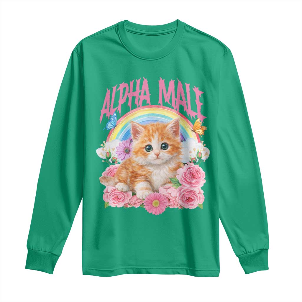 Alpha Male Funny Cat Long Sleeve Shirt Vintage 90s Kitten Rainbow Floral Butterflies