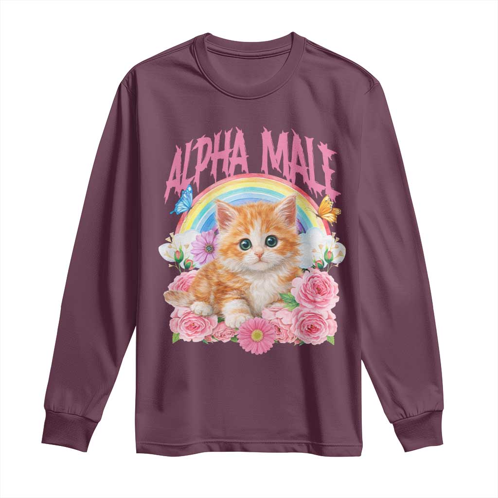 Alpha Male Funny Cat Long Sleeve Shirt Vintage 90s Kitten Rainbow Floral Butterflies