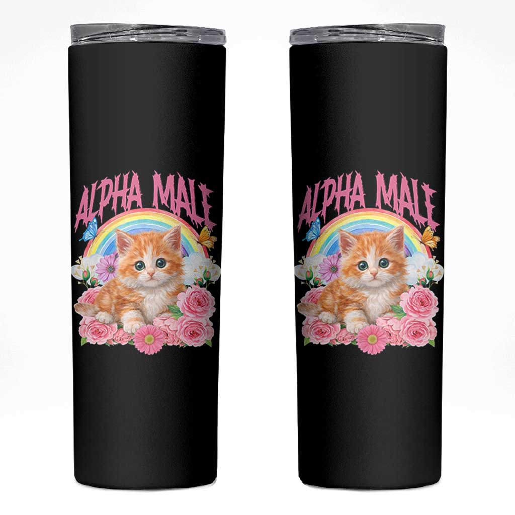 Alpha Male Funny Cat Skinny Tumbler Vintage 90s Kitten Rainbow Floral Butterflies