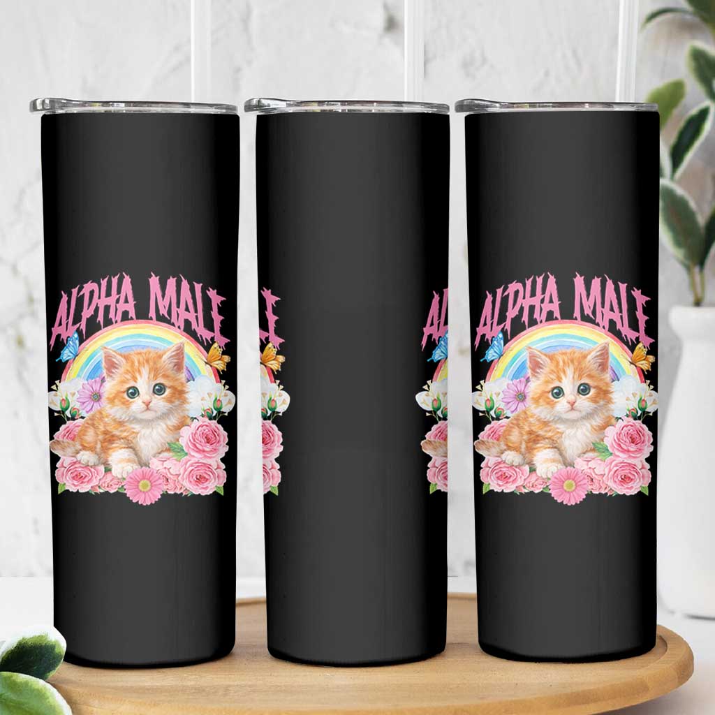 Alpha Male Funny Cat Skinny Tumbler Vintage 90s Kitten Rainbow Floral Butterflies