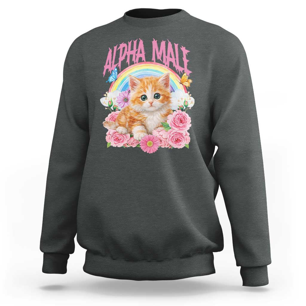 Alpha Male Funny Cat Sweatshirt Vintage 90s Kitten Rainbow Floral Butterflies